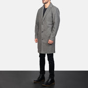
Grey Synthetic Wool Trench Coat - Back View Showing Tailored Shoulder Fit & Clean Hemline
