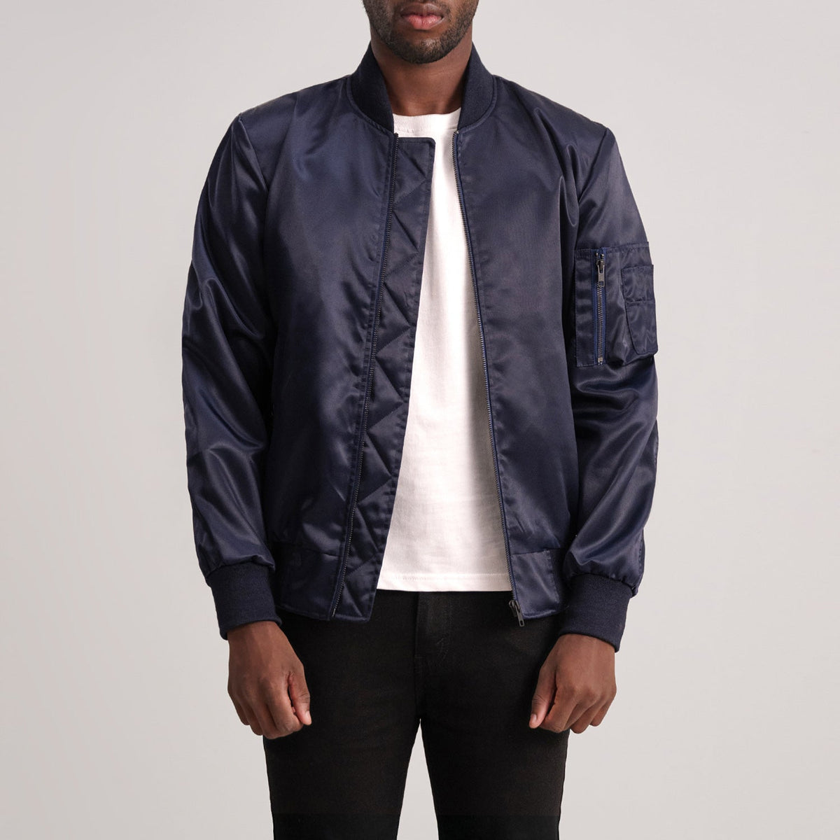
Quinton MA-1 Blue Bomber Jacket - Lateral Side Profile View Showing Sleeve Cut & Athletic Taper Fit