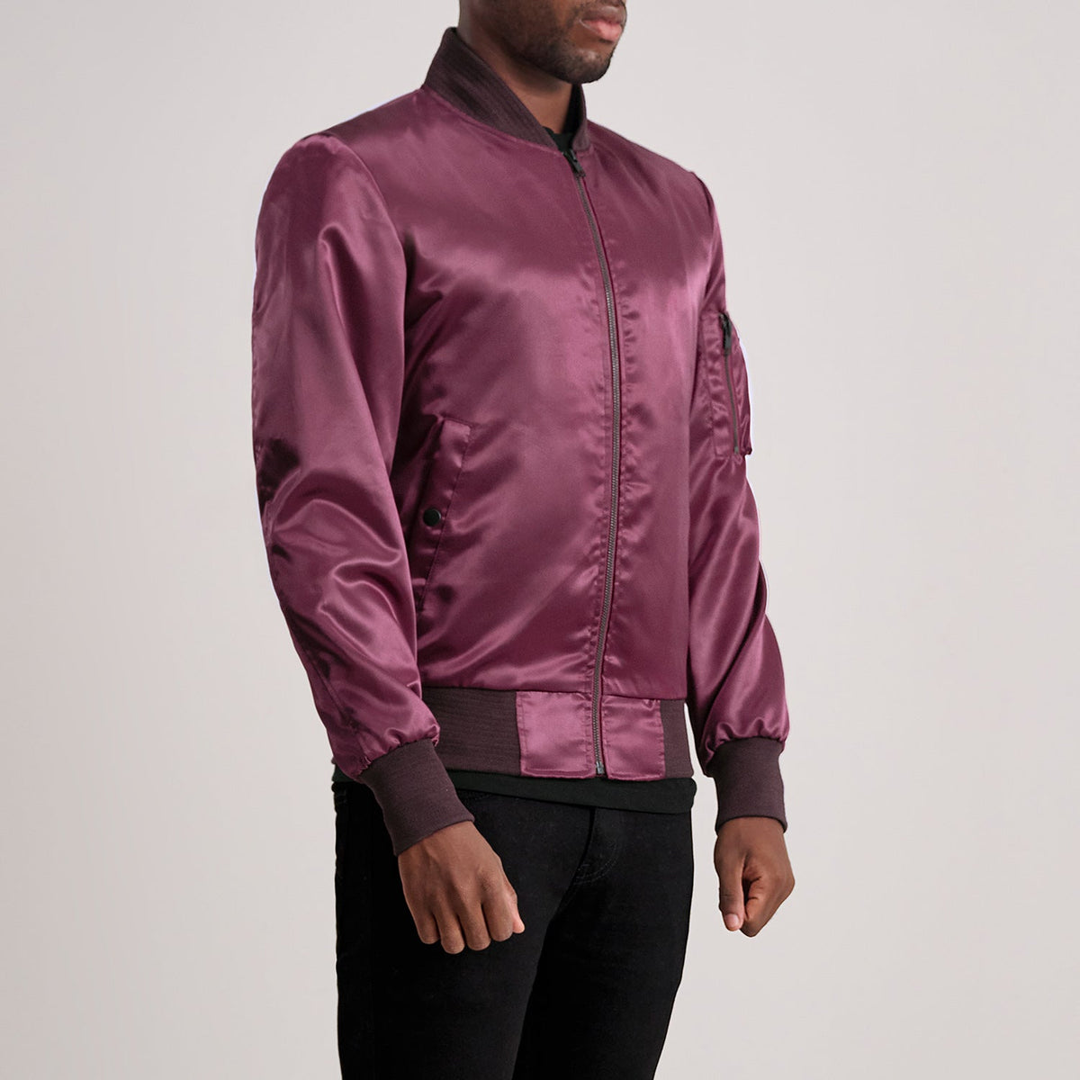 Maroon Satin Bomber Jacket - Back View Showing Tailored Shoulder Fit &amp; Clean Hemline