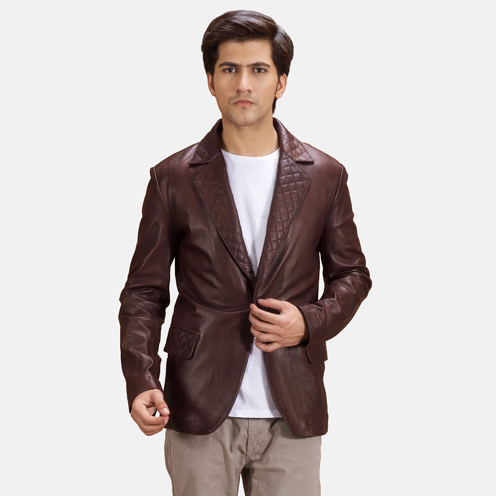 Radaron Quilted Maroon Leather Blazer in Maroon Sheepskin Leather - Front Profile View &amp; Tailored Silhouette | Buy Online