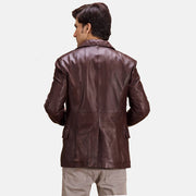 Close-Up Detail of Notch &amp; Button Hardware on Radaron Quilted Maroon Leather Blazer