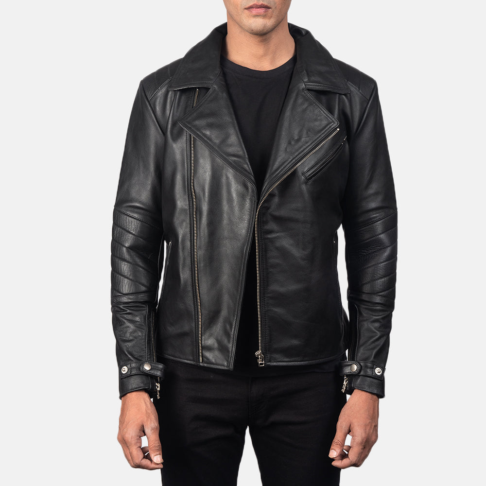 Men's Raiden Black Leather Biker Jacket in Black Cowhide Leather - Front Profile View &amp; Tailored Silhouette | Buy Online