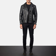 Men's Raiden Black Leather Biker Jacket - Lateral Side Profile View Showing Sleeve Cut &amp; Athletic Taper Fit