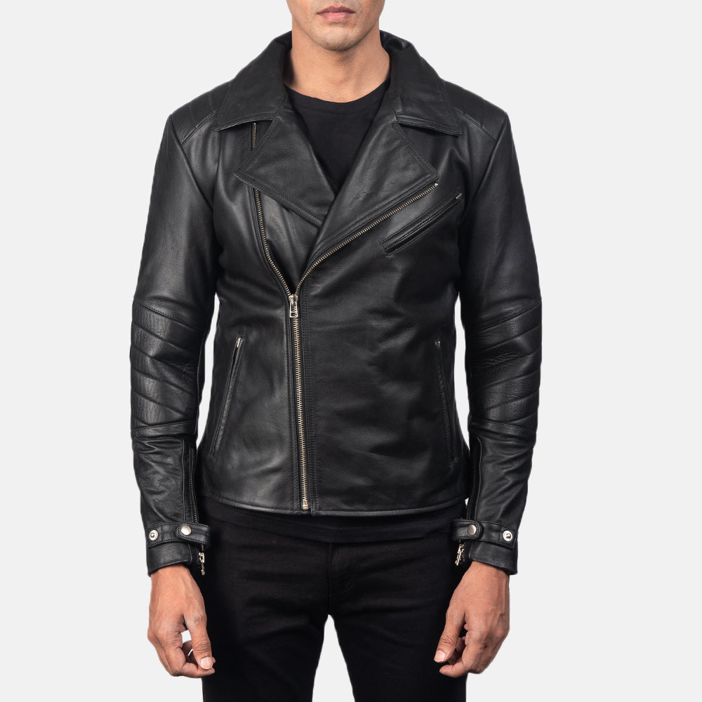 Close-Up Detail of Notch &amp; Zipper Hardware on Men's Raiden Black Leather Biker Jacket