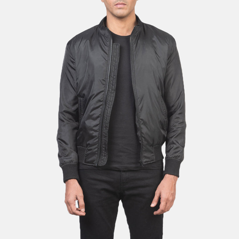 Men's Ramon Black Bomber Jacket in Black Nylon - Front Profile View & Tailored Silhouette | Buy Online