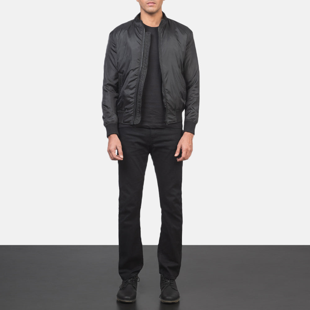 Men's Ramon Black Bomber Jacket - Lateral Side Profile View Showing Sleeve Cut &amp; Athletic Taper Fit