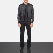Men's Ramon Black Bomber Jacket - Lateral Side Profile View Showing Sleeve Cut &amp; Athletic Taper Fit