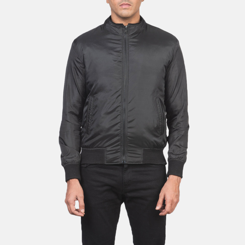 Close-Up Detail of Band &amp; Zipper with wind flap Hardware on Men's Ramon Black Bomber Jacket