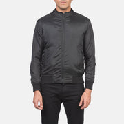 Close-Up Detail of Band &amp; Zipper with wind flap Hardware on Men's Ramon Black Bomber Jacket