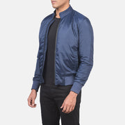 Blue Nylon Bomber Jacket - Back View Showing Tailored Shoulder Fit &amp; Clean Hemline