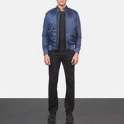 Men's Ramon Blue Bomber Jacket - Lateral Side Profile View Showing Sleeve Cut &amp; Athletic Taper Fit