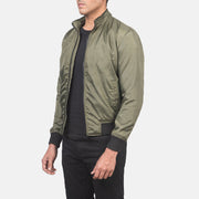 
Green Nylon Bomber Jacket - Back View Showing Tailored Shoulder Fit & Clean Hemline