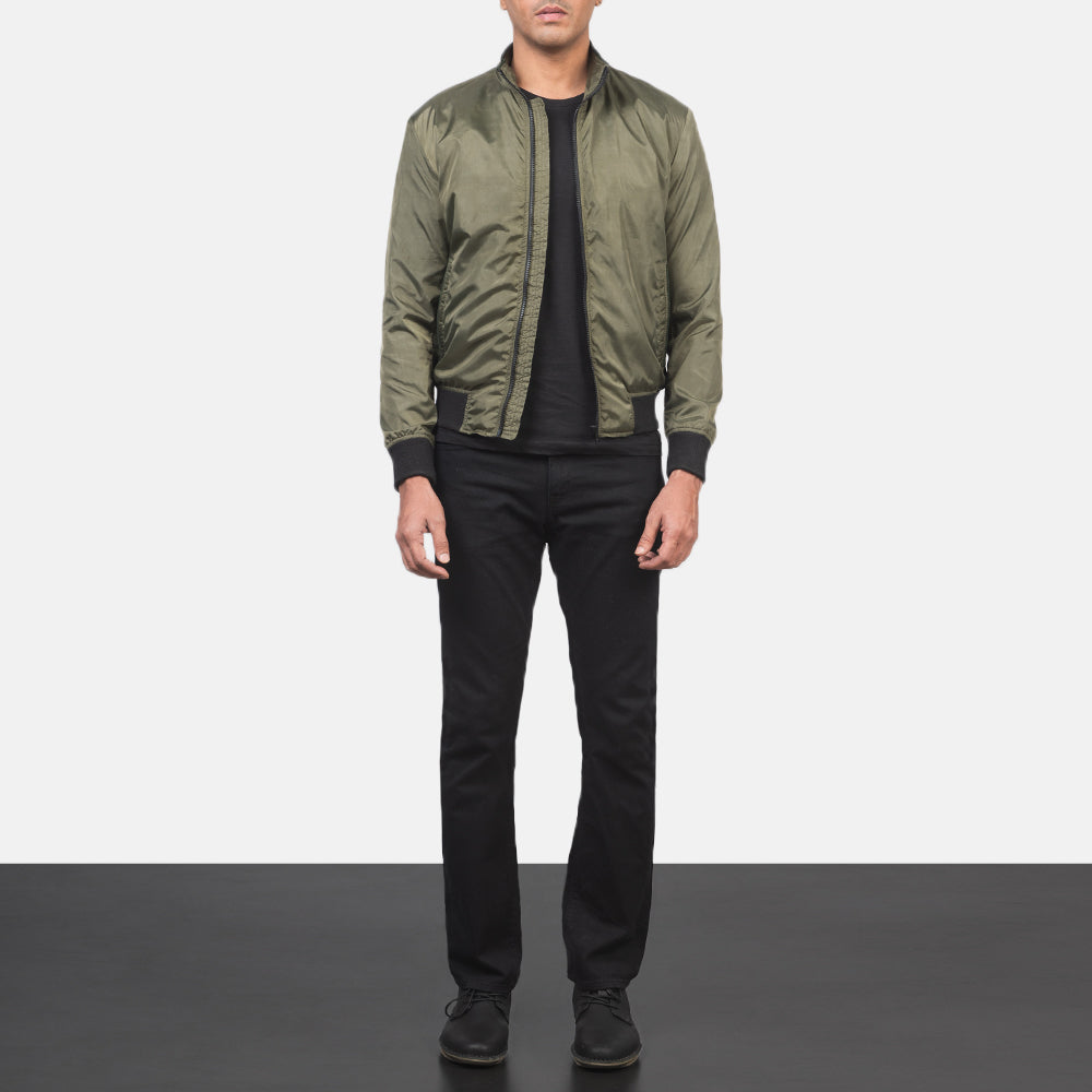 
Men's Ramon Green Bomber Jacket - Lateral Side Profile View Showing Sleeve Cut & Athletic Taper Fit