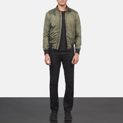 
Men's Ramon Green Bomber Jacket - Lateral Side Profile View Showing Sleeve Cut & Athletic Taper Fit