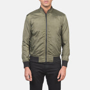 
Close-Up Detail of Band & Zipper with wind flap Hardware on Men's Ramon Green Bomber Jacket