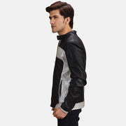 Black &amp; silver Sheepskin Leather Biker Jacket - Back View Showing Tailored Shoulder Fit &amp; Clean Hemline