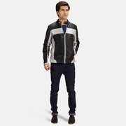Close-Up Detail of Band with snap button &amp; Zipper Hardware on Randolf Silver Black Leather Biker Jacket