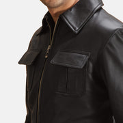 Close-Up Detail of Shirt &amp; Zipper Hardware on Raven Black Leather Jacket