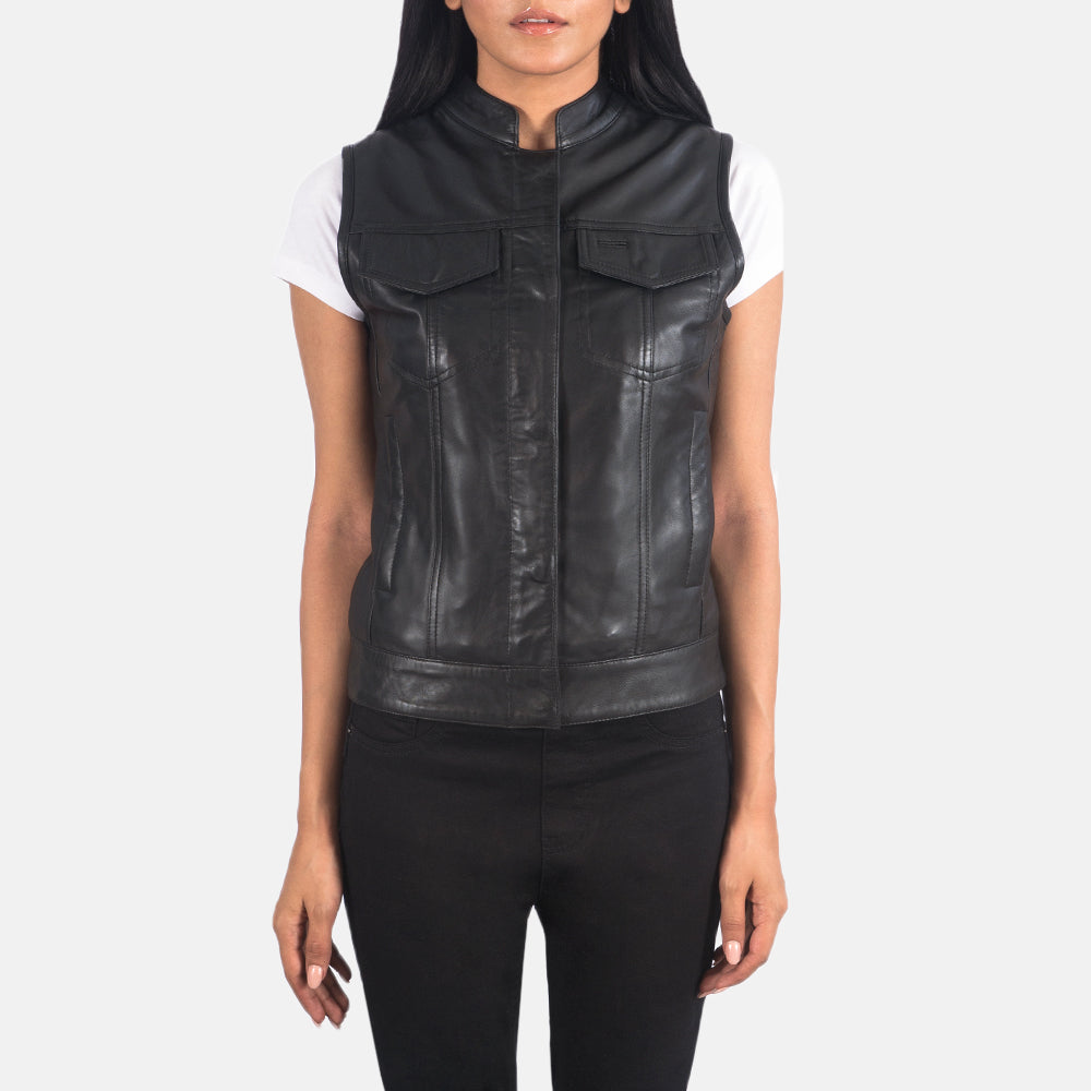 Women's Rayne Moto Black Leather Vest in Black Sheepskin Leather - Front Profile View &amp; Tailored Silhouette | Buy Online