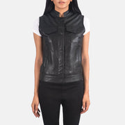 Women's Rayne Moto Black Leather Vest in Black Sheepskin Leather - Front Profile View &amp; Tailored Silhouette | Buy Online