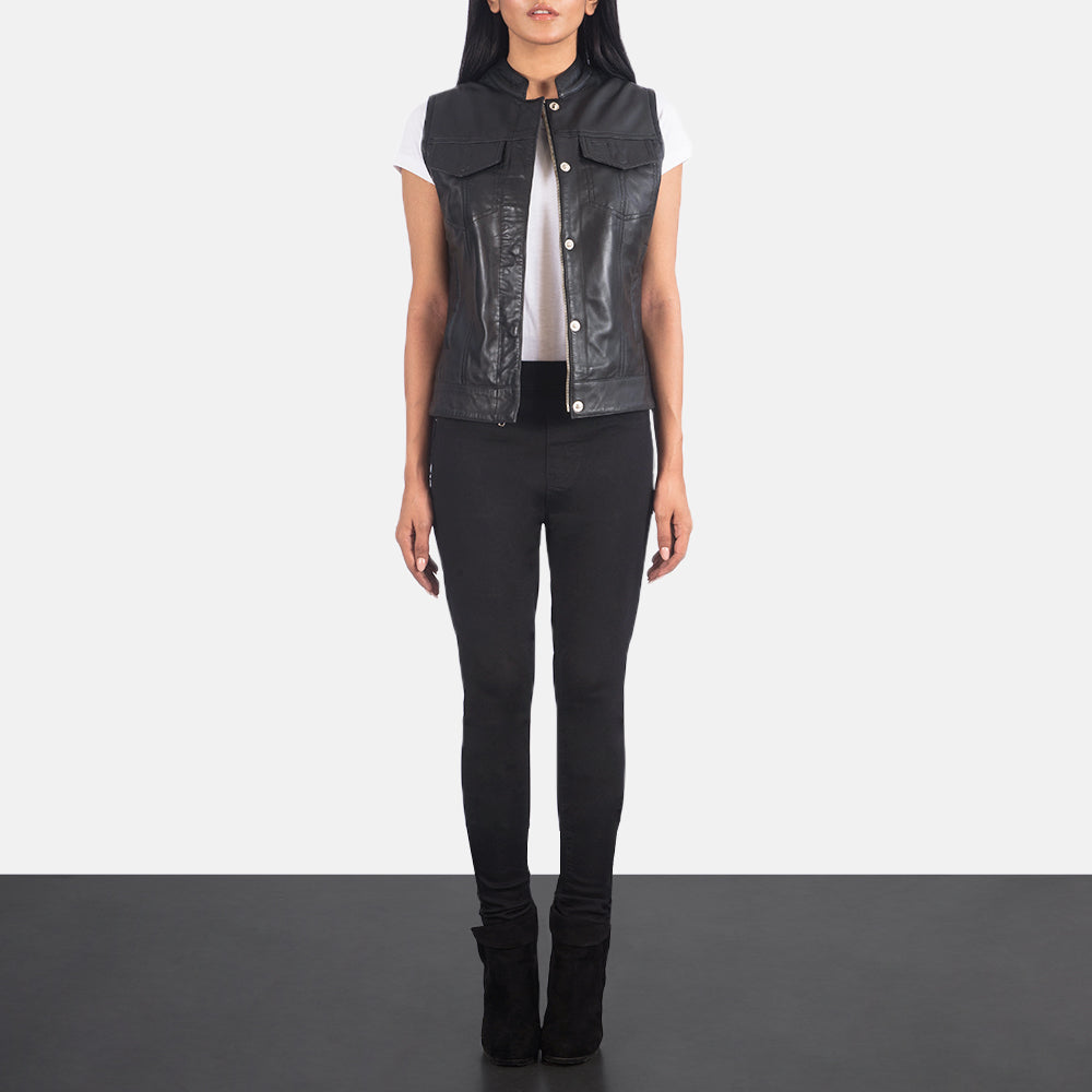 Women's Rayne Moto Black Leather Vest - Lateral Side Profile View Showing Sleeve Cut &amp; Athletic Taper Fit