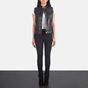 Women's Rayne Moto Black Leather Vest - Lateral Side Profile View Showing Sleeve Cut &amp; Athletic Taper Fit