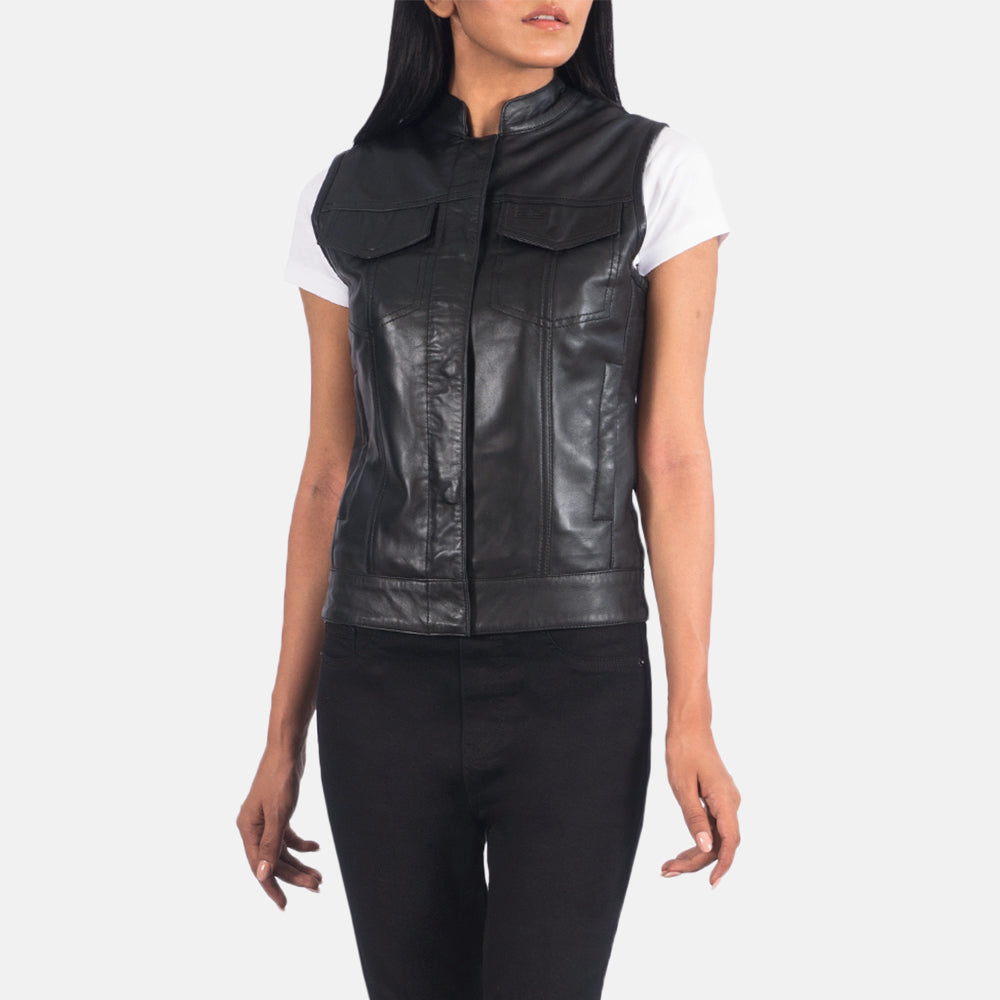 Close-Up Detail of Band &amp; Zipper Hardware on Women's Rayne Moto Black Leather Vest