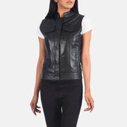 Close-Up Detail of Band &amp; Zipper Hardware on Women's Rayne Moto Black Leather Vest