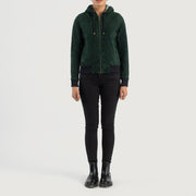 
Rebella Green Hooded Suede Bomber Jacket - Lateral Side Profile View Showing Sleeve Cut & Athletic Taper Fit