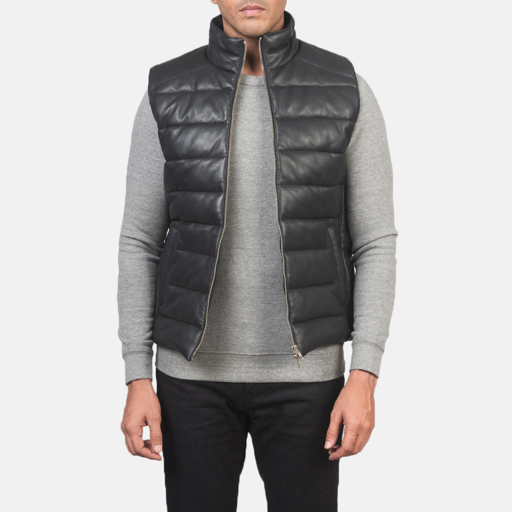 Men's Reeves Black Leather Puffer Vest in Black Sheepskin Leather - Front Profile View & Tailored Silhouette | Buy Online