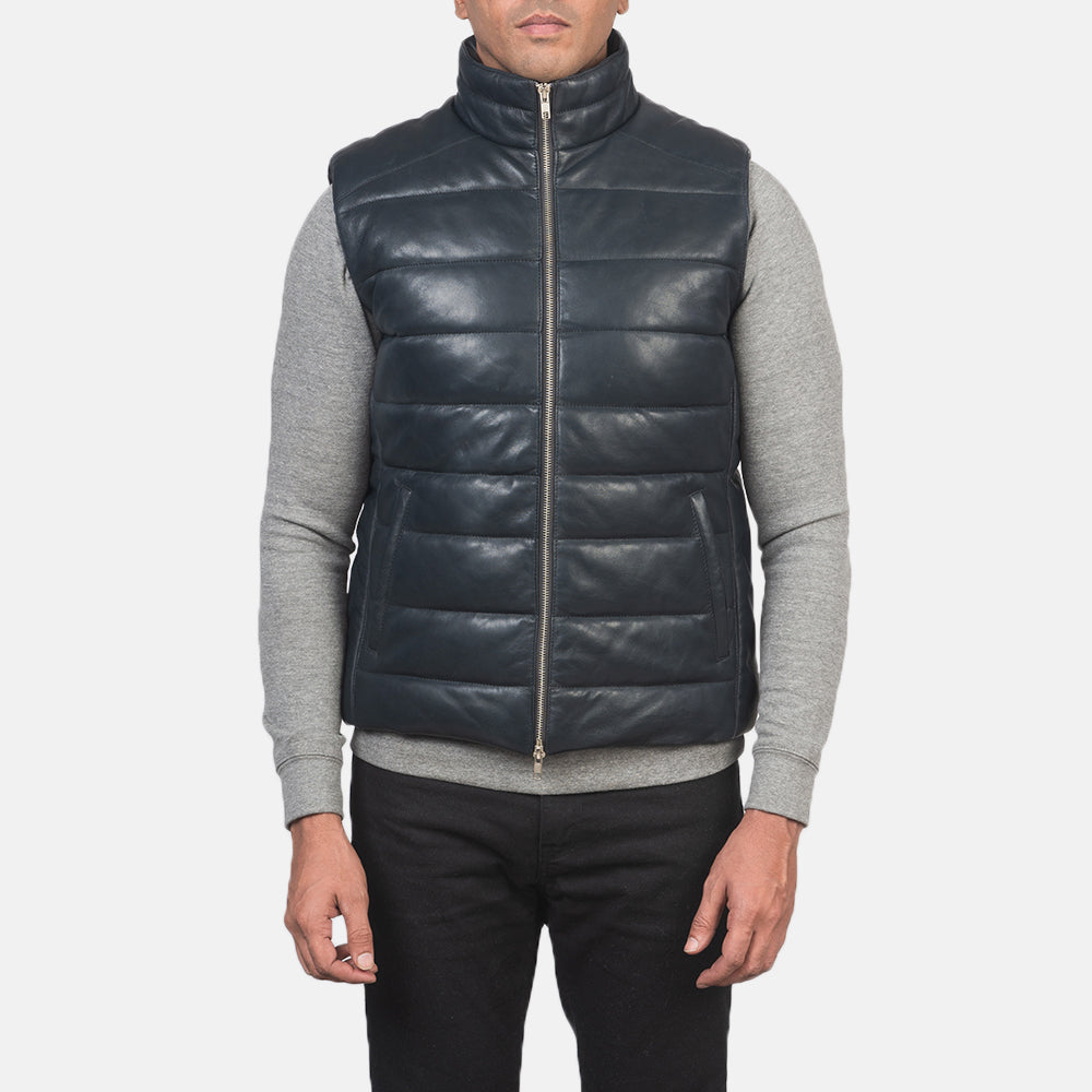 
Close-Up Detail of Classic Collar & Zipper with Dual Puller Hardware on Men's Reeves Blue Leather Puffer Vest