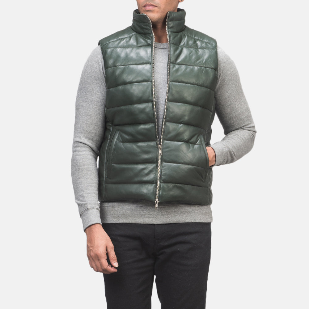 Close-Up Detail of Classic Collar &amp; Zipper with Dual Puller Hardware on Men's Reeves Green Leather Puffer Vest