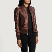 
Women's Reida Maroon Leather Bomber Jacket - Lateral Side Profile View Showing Sleeve Cut & Athletic Taper Fit