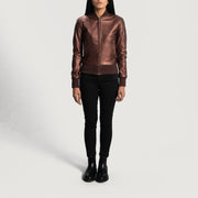 
Close-Up Detail of Varsity & Zipper Hardware on Women's Reida Maroon Leather Bomber Jacket