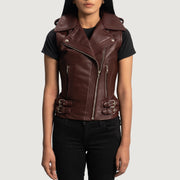 Women's Rhonda Maroon Leather Biker Vest in Maroon Sheepskin Leather - Front Profile View &amp; Tailored Silhouette | Buy Online