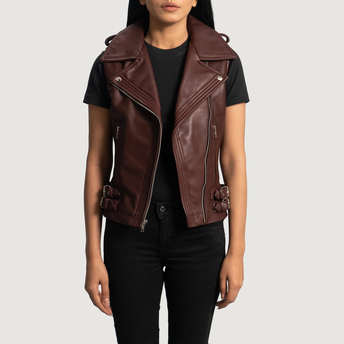 Maroon Sheepskin Leather Biker Jacket - Back View Showing Tailored Shoulder Fit &amp; Clean Hemline