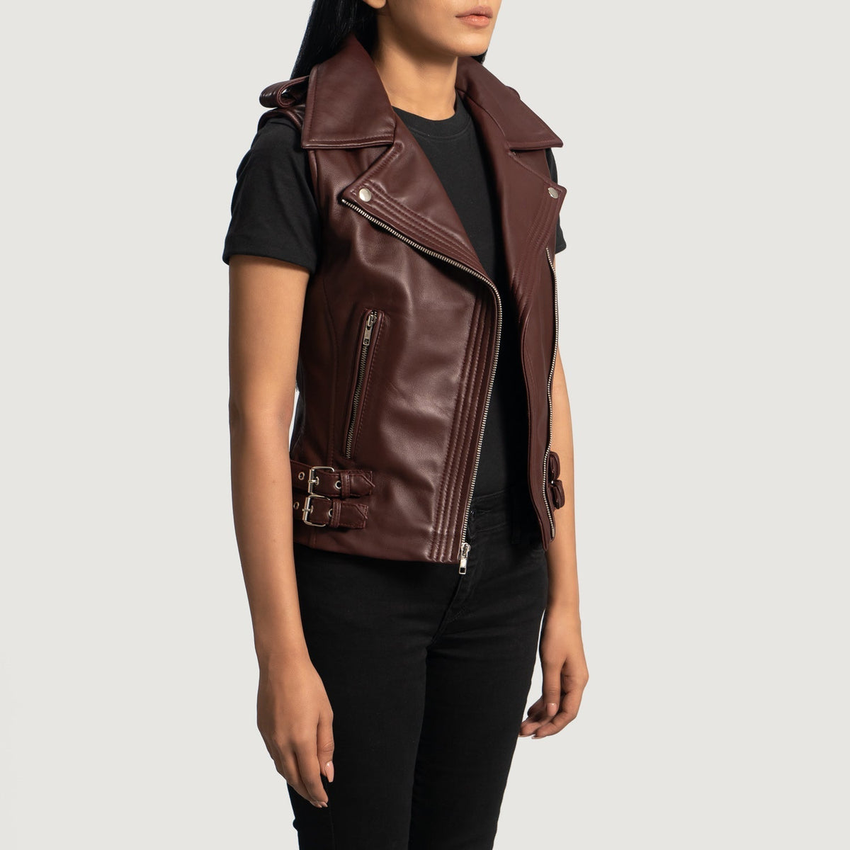 Women's Rhonda Maroon Leather Biker Vest - Lateral Side Profile View Showing Sleeve Cut &amp; Athletic Taper Fit