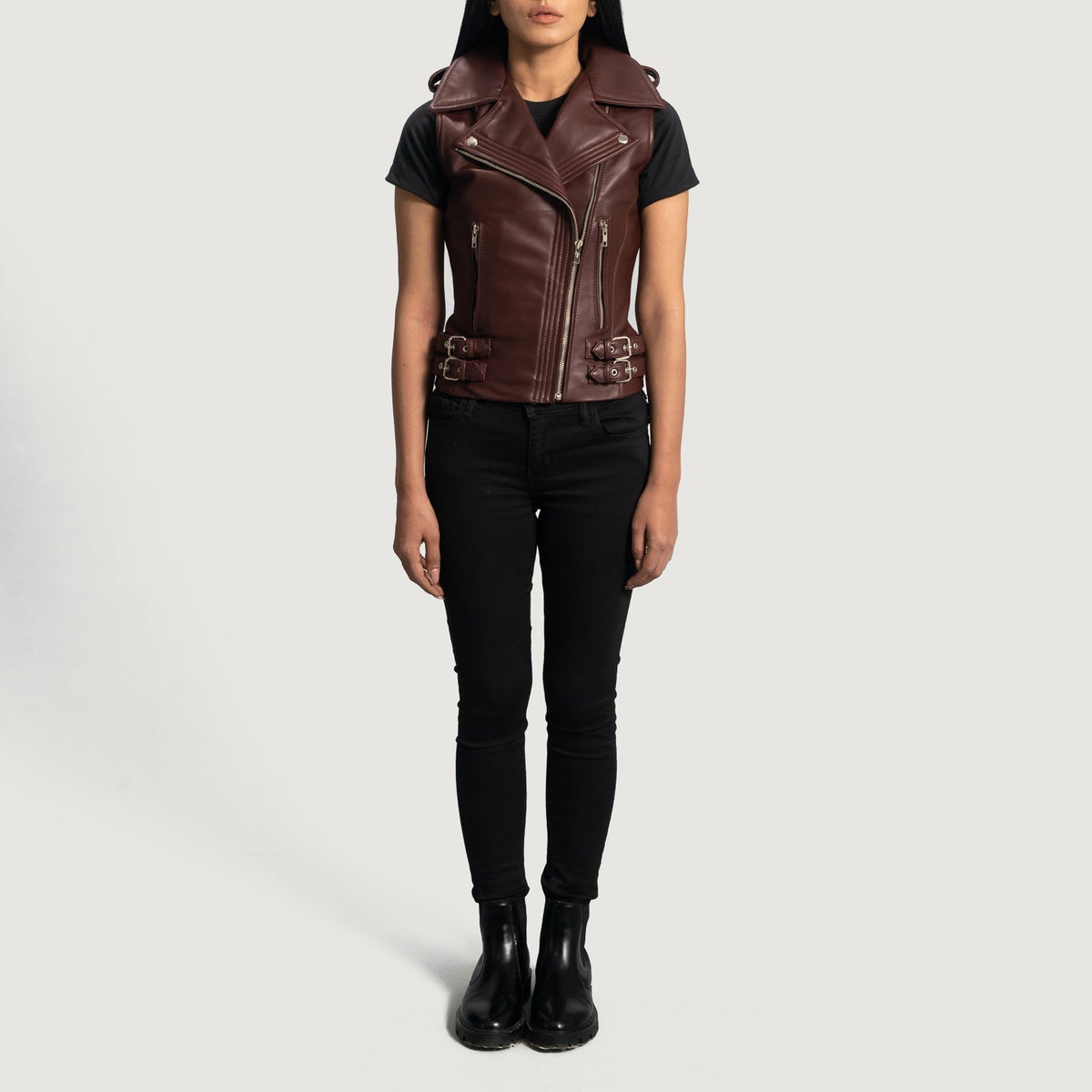 Close-Up Detail of Notch &amp; Zipper Hardware on Women's Rhonda Maroon Leather Biker Vest