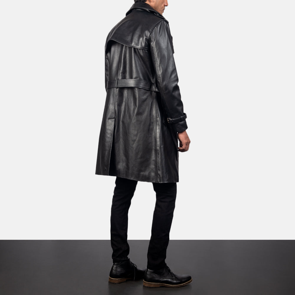 Men's Royson Black Leather Duster Coat - Lateral Side Profile View Showing Sleeve Cut &amp; Athletic Taper Fit