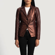 Women's Ruby Metallic Maroon Leather Blazer in Maroon Sheepskin Leather - Front Profile View &amp; Tailored Silhouette | Buy Online