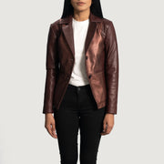 Women's Ruby Metallic Maroon Leather Blazer - Lateral Side Profile View Showing Sleeve Cut &amp; Athletic Taper Fit