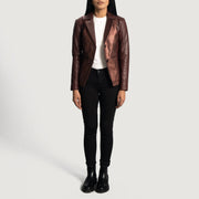 Close-Up Detail of Notch &amp; Button Hardware on Women's Ruby Metallic Maroon Leather Blazer