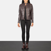 Women's Rumella Maroon Leather Biker Jacket - Lateral Side Profile View Showing Sleeve Cut &amp; Athletic Taper Fit