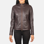 Close-Up Detail of Mandarin &amp; Zipper with Dual Puller Hardware on Women's Rumella Maroon Leather Biker Jacket