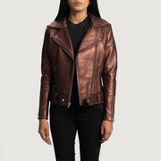 Women's Rumy Maroon Leather Biker Jacket - Lateral Side Profile View Showing Sleeve Cut &amp; Athletic Taper Fit