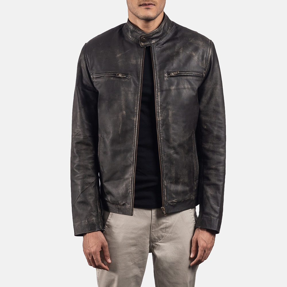 Open hem &amp; Hem Craftsmanship Construction Detail on Rustic Black Leather Biker Jacket