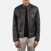 Open hem &amp; Hem Craftsmanship Construction Detail on Rustic Black Leather Biker Jacket