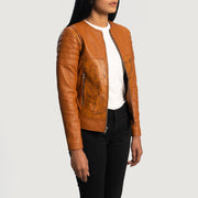 Tan Brown Sheepskin Dip &amp;Amp; Dye Biker Jacket - Back View Showing Tailored Shoulder Fit &amp; Clean Hemline
