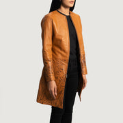 Tan Brown Sheepskin Dip &Amp; Dye Leather Coat - Back View Showing Tailored Shoulder Fit & Clean Hemline