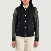 Close-Up Detail of Varsity &amp; Snap Buttons Hardware on Savant Green Hybrid Varsity Jacket